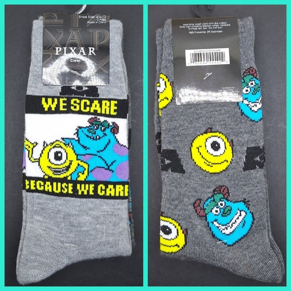 Monsters INC crew socks Mike Wazowski Sully we scare cause we care - Picture 1 of 8